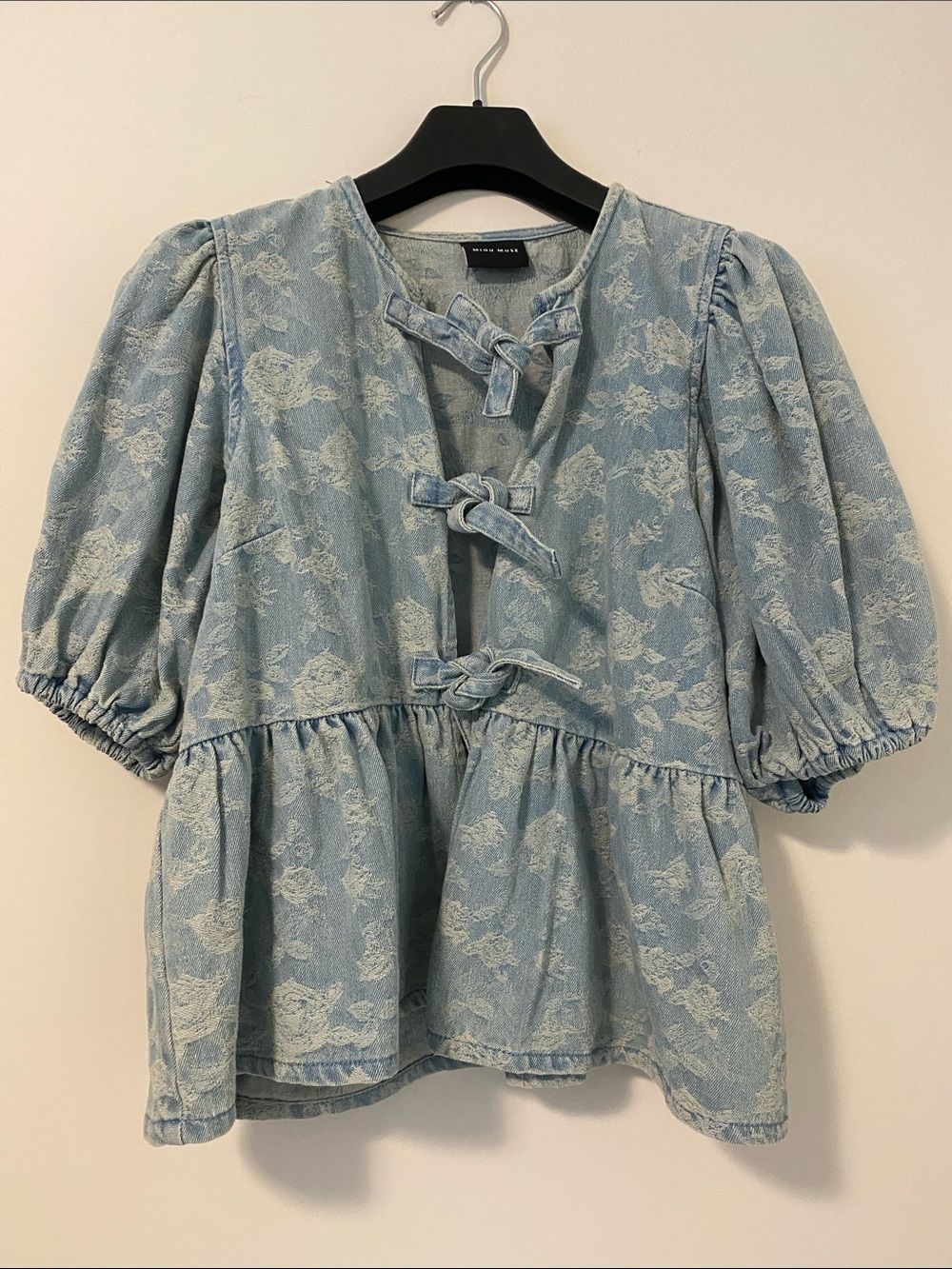 Light Blue Floral Tie-Knot Puff Sleeve Tunic